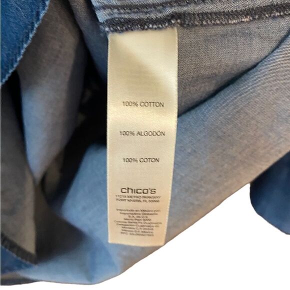 Chico’s 0/S/4 Blue Chambray Denim Cotton Lace-Up Relaxed Fit Long Sleeve Shirt - Picture 8 of 8